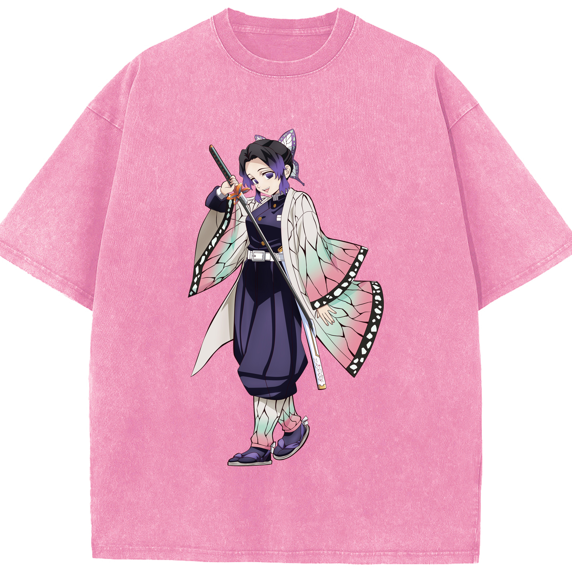 （画像用） 鬼滅の刃（きめつのやいば）蟲柱-胡蝶 しのぶ／こちょう しのぶ Kochou Shinobu 綿100% ヴィンテージ風 半袖Tシャツ（フロントプリント）